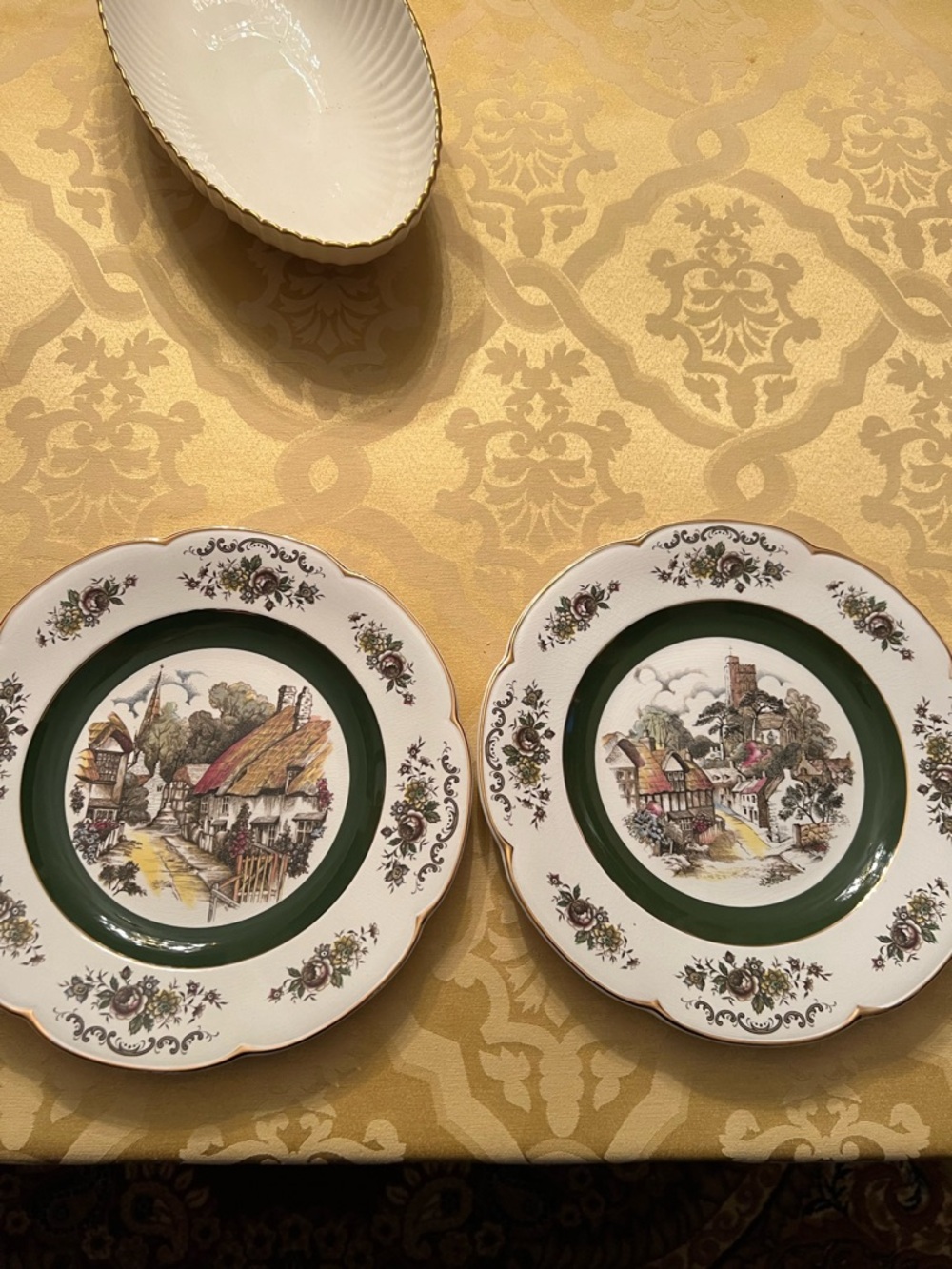 Decorative Village Scene Dinner Plates - Green Trim (Pair)